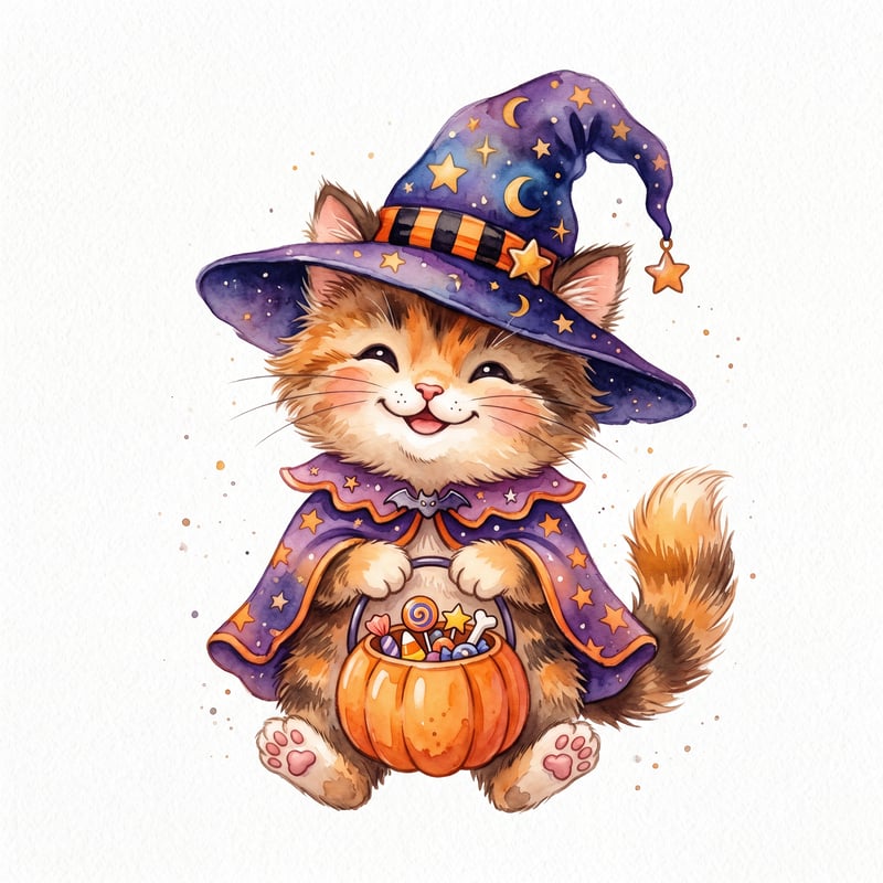 Whimsical Kitty Witch with Pumpkin