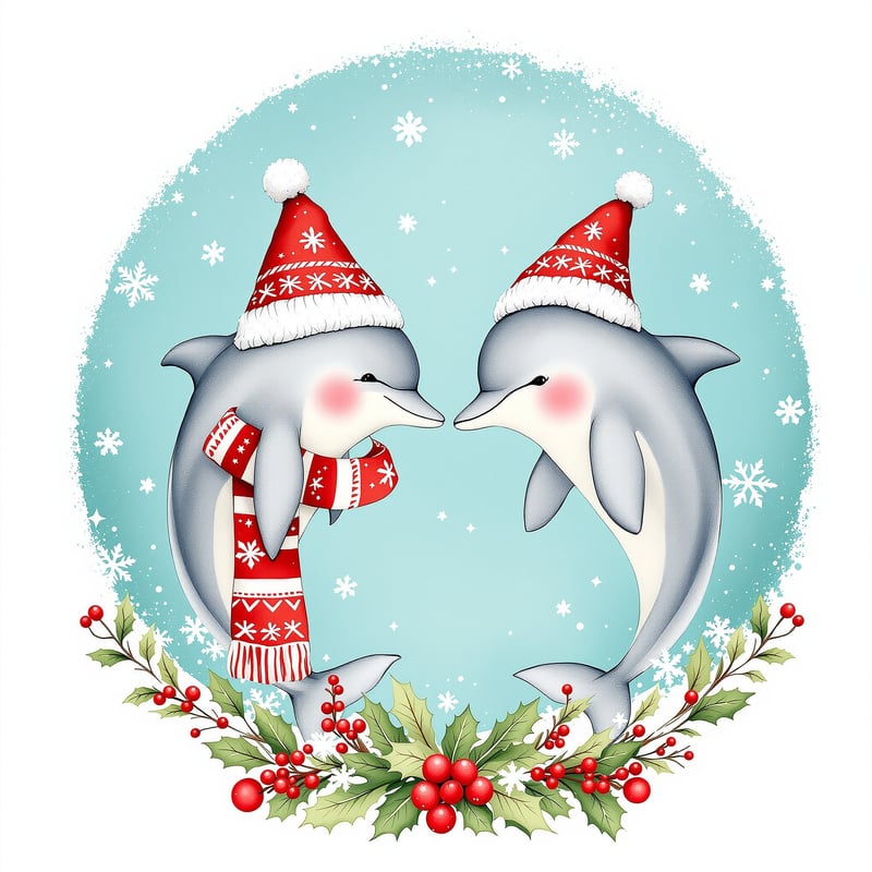Whimsical Christmas Dolphins Illustration