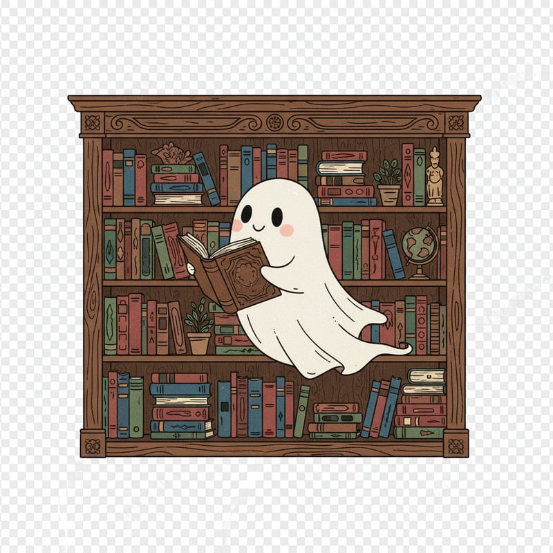 Friendly Ghost Browsing Vintage Bookshelf