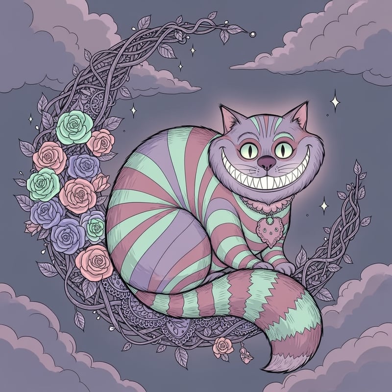 Whimsical Cheshire Cat on Crescent Moon