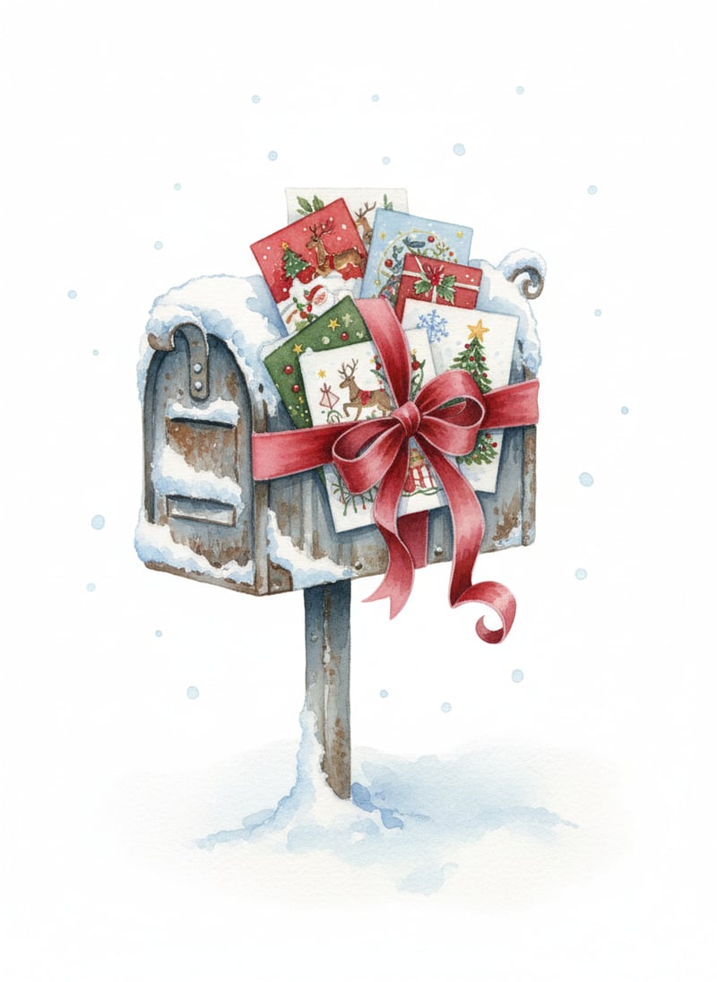 Snowy Watercolor Mailbox with Christmas Cards