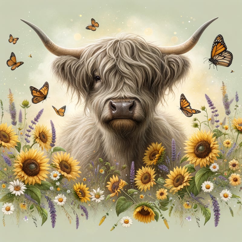 Whimsical Highland Cow with Sunflowers