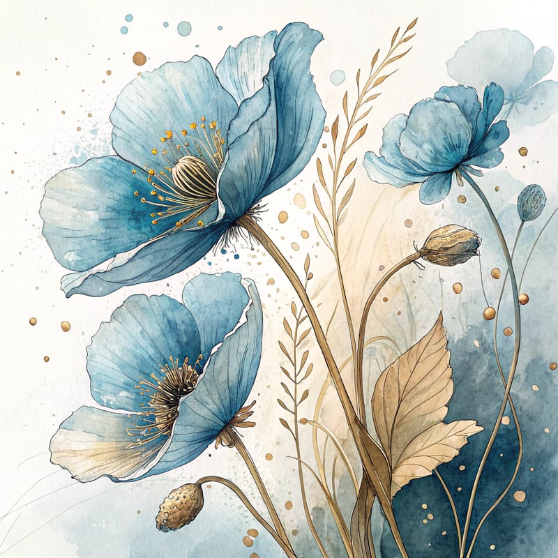 Elegant Blue Watercolor Poppy Flowers