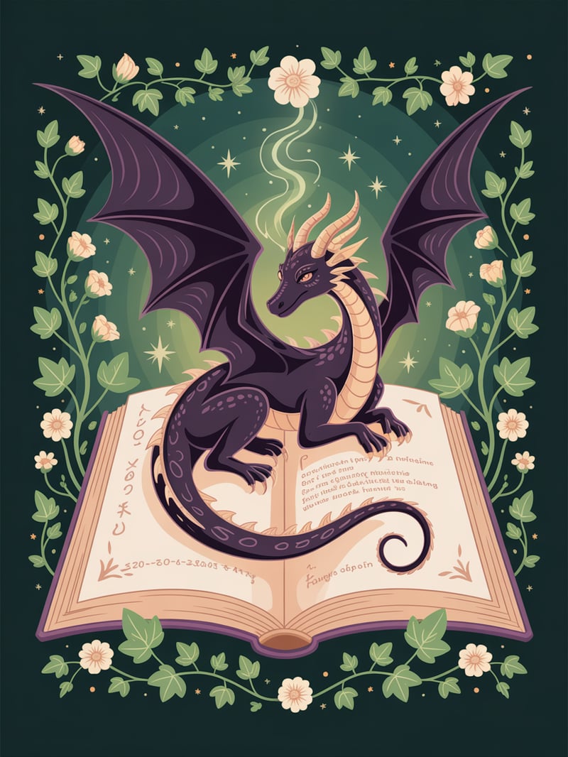 Elegant Black Dragon on Magical Book