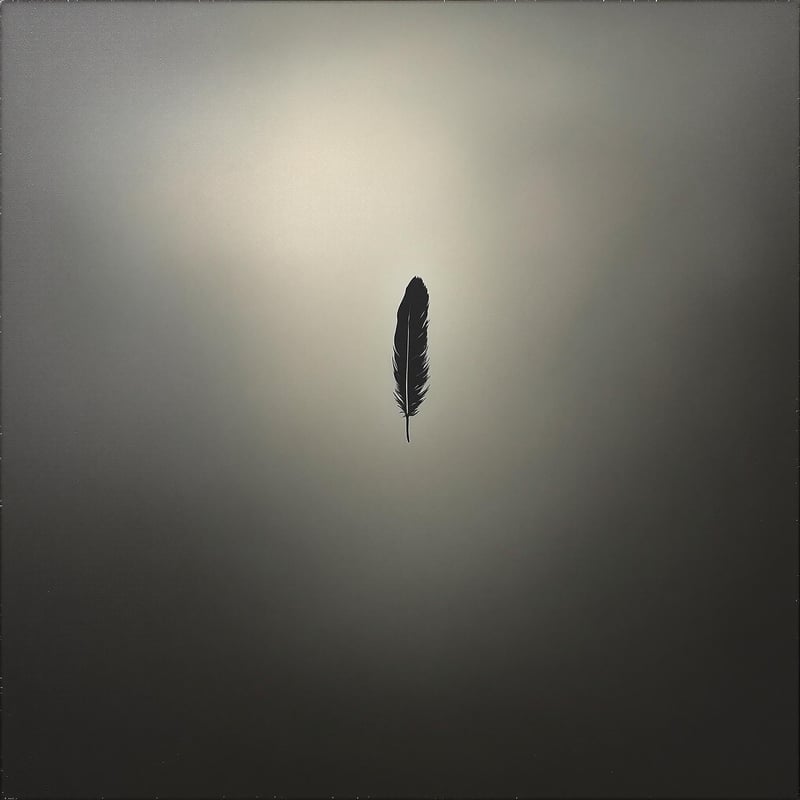 Falling Black Feather in Gray Sky