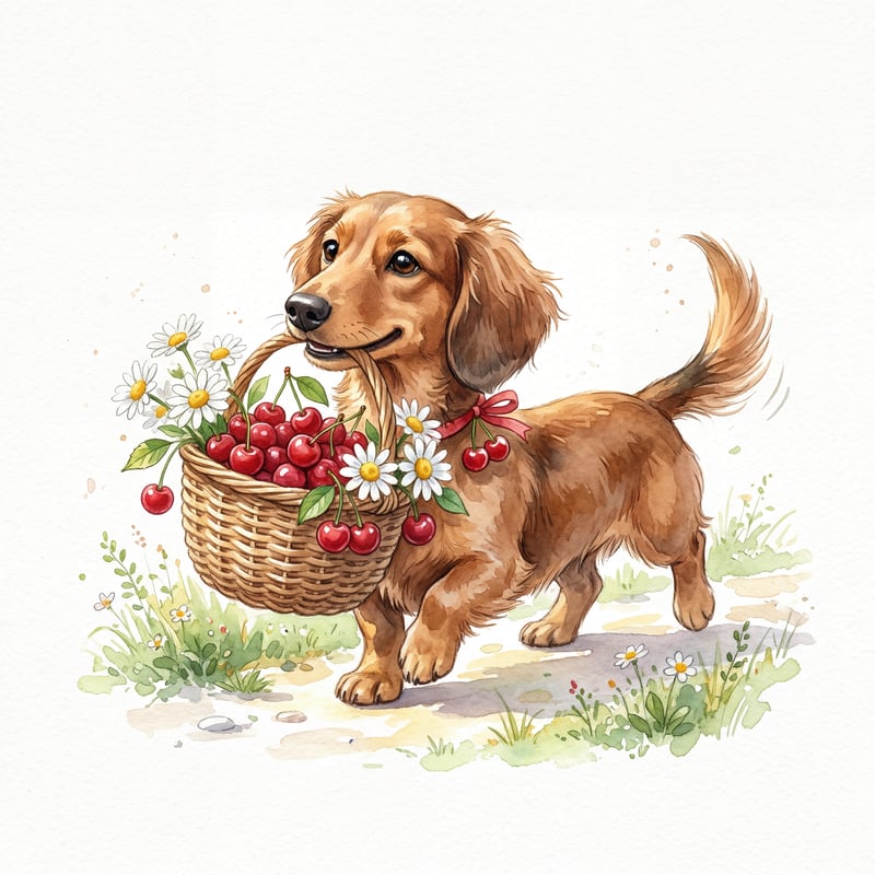 Cute Dachshund with Cherries Basket