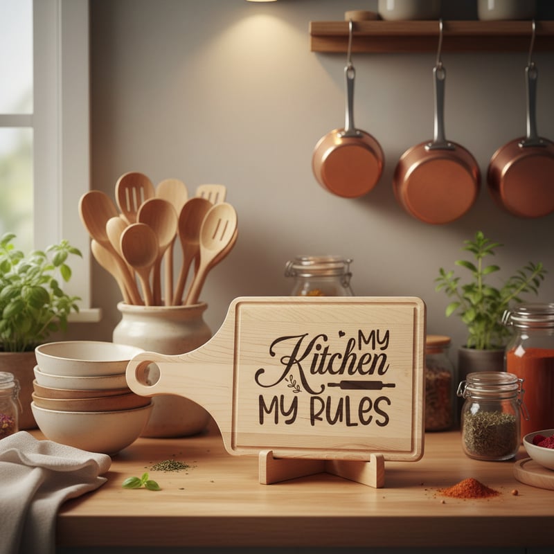 Engraved Wooden Board in Cozy Kitchen