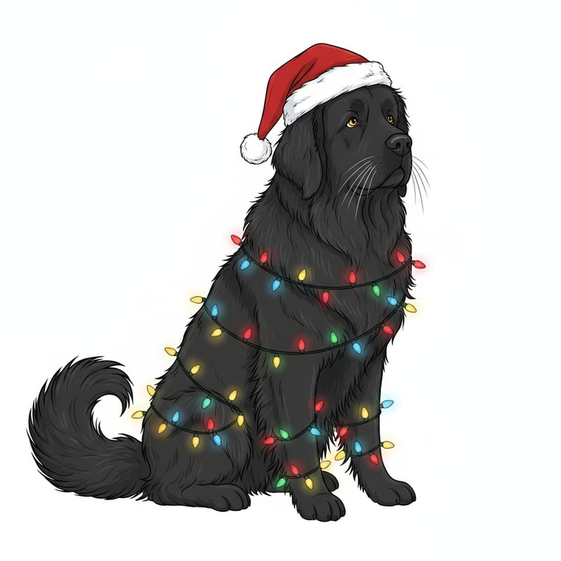 Newfoundland Dog with Santa Hat and Lights