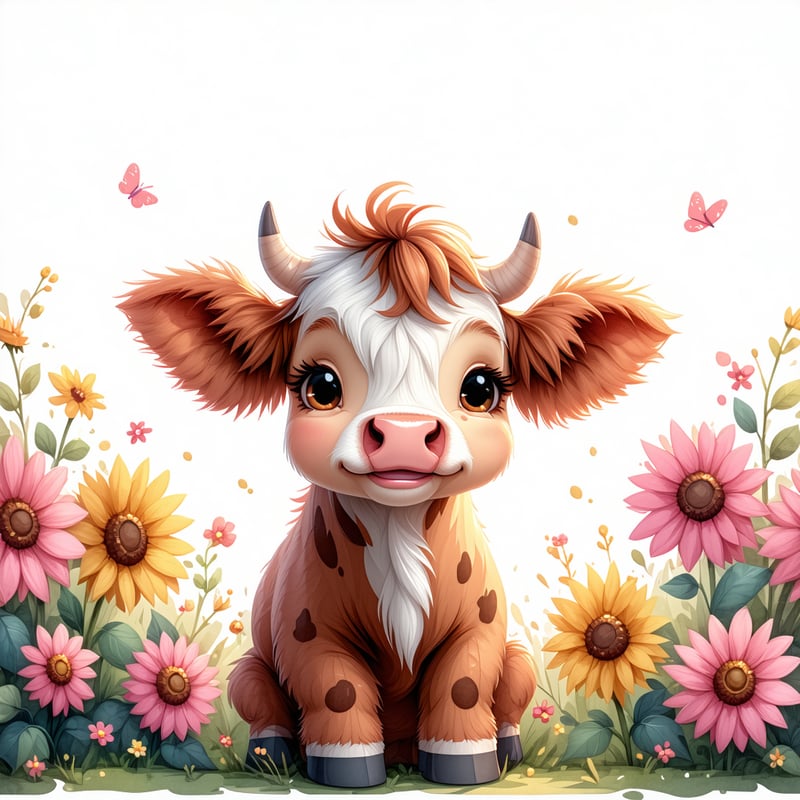 Cute Pink Sunflower Baby Highland Cows