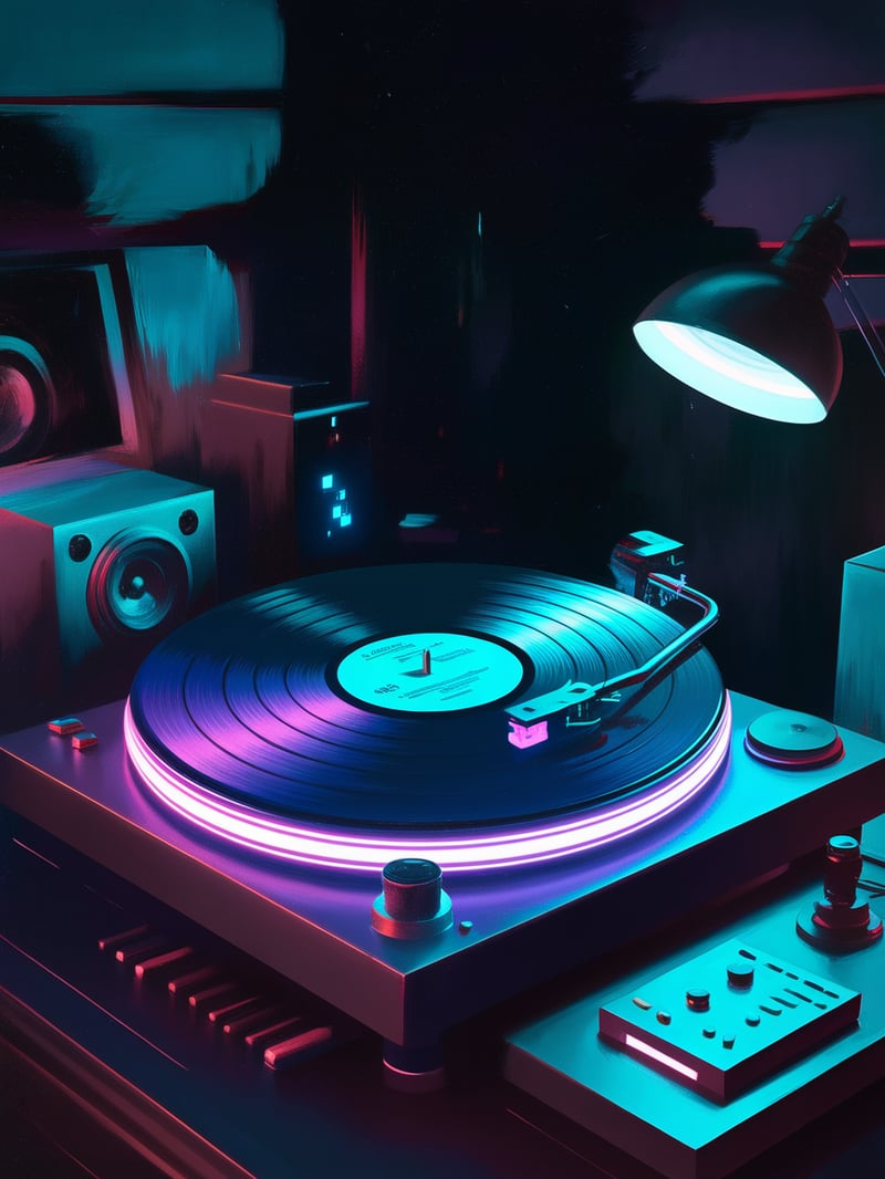 Neon Vinyl Record in Dark
