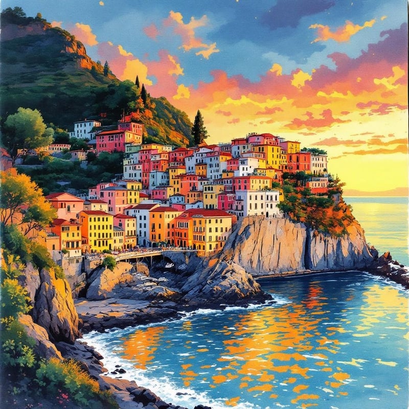 Cinque Terre Ink & Watercolor Poster