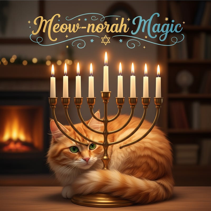 Cute Cat with Menorah and Candles