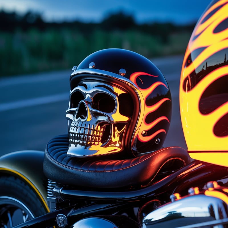 Flaming Motorcycle with Skull Biker Helmet