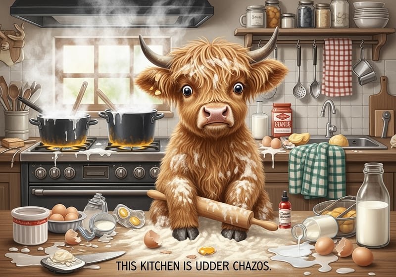 Fluffy Highland Calf in Messy Farmhouse Kitchen