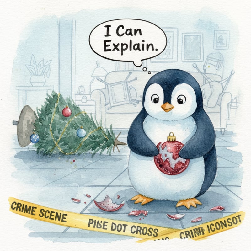 Watercolor Penguin with Broken Ornament