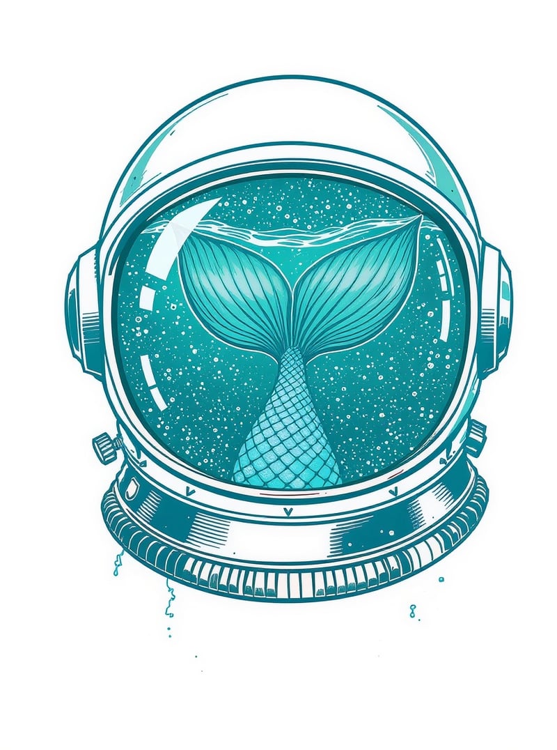 Teal Mermaid Tail in Astronaut Helmet