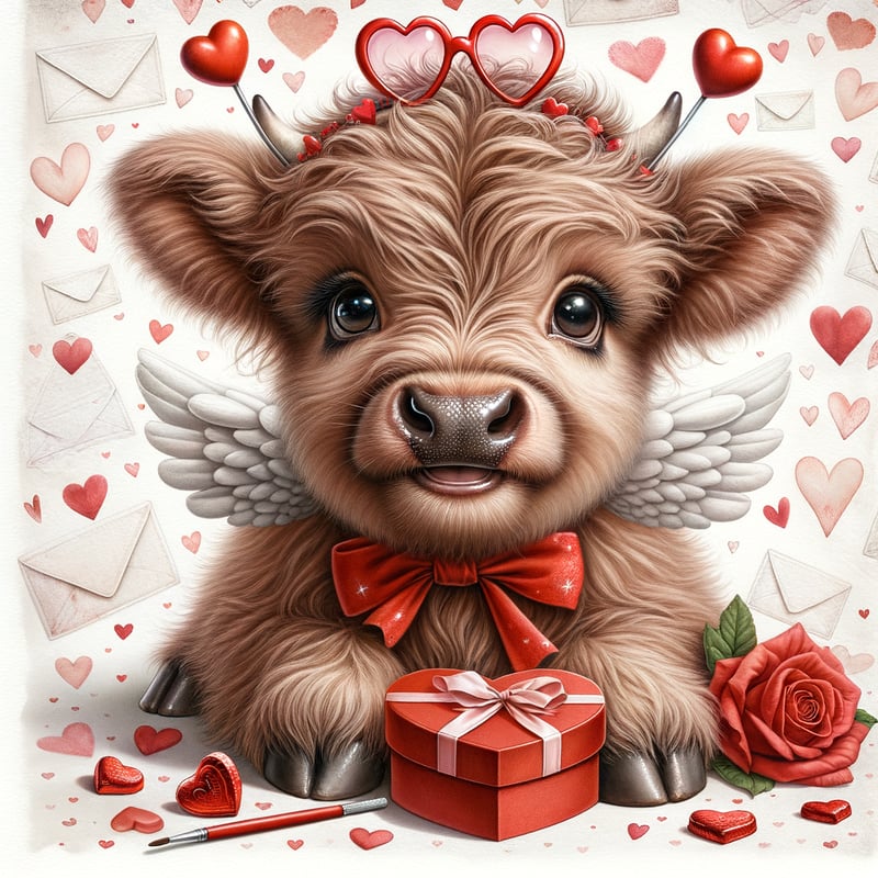 Adorable Baby Highland Cow with Valentine Theme