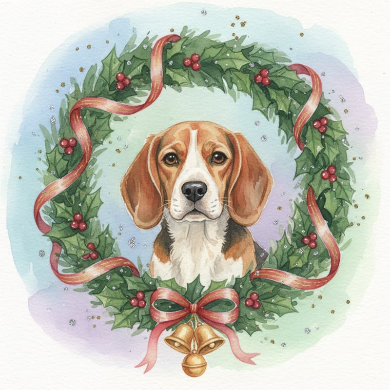 Watercolor Beagle in Christmas Wreath