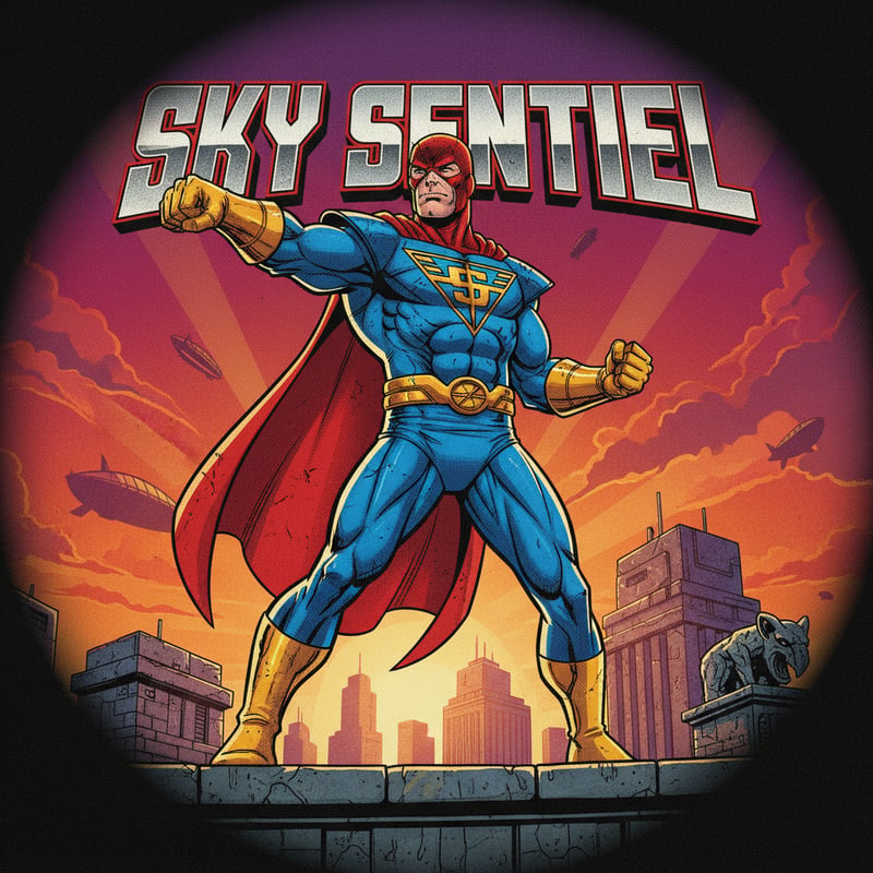 Retro Superhero on Rooftop at Sunset