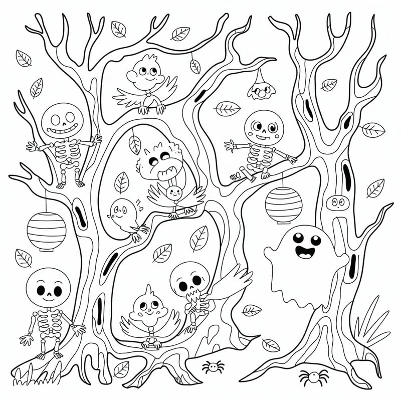 Kawaii Spooky Forest Coloring Page