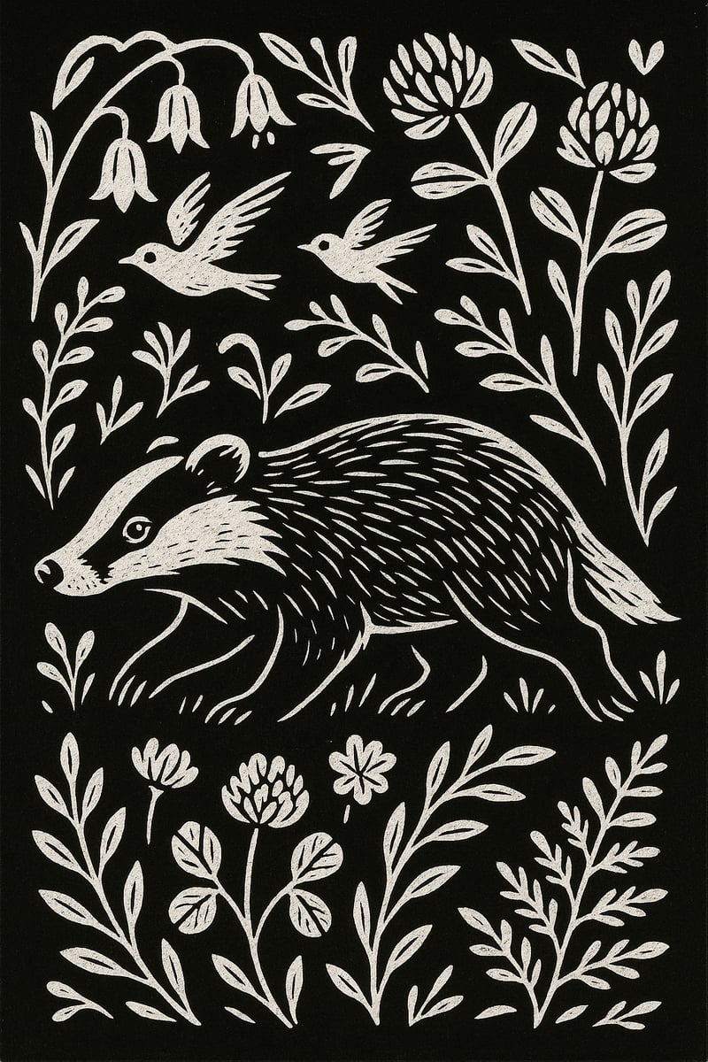 Badger Woodcut with Birds and Flowers
