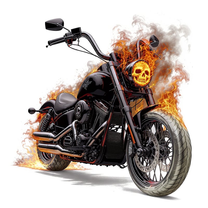 Flaming Motorcycle with Skull Headlights