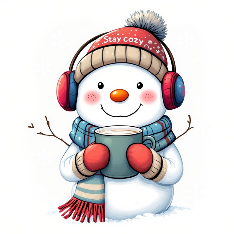 Cartoon Snowman with Scarf and Cocoa