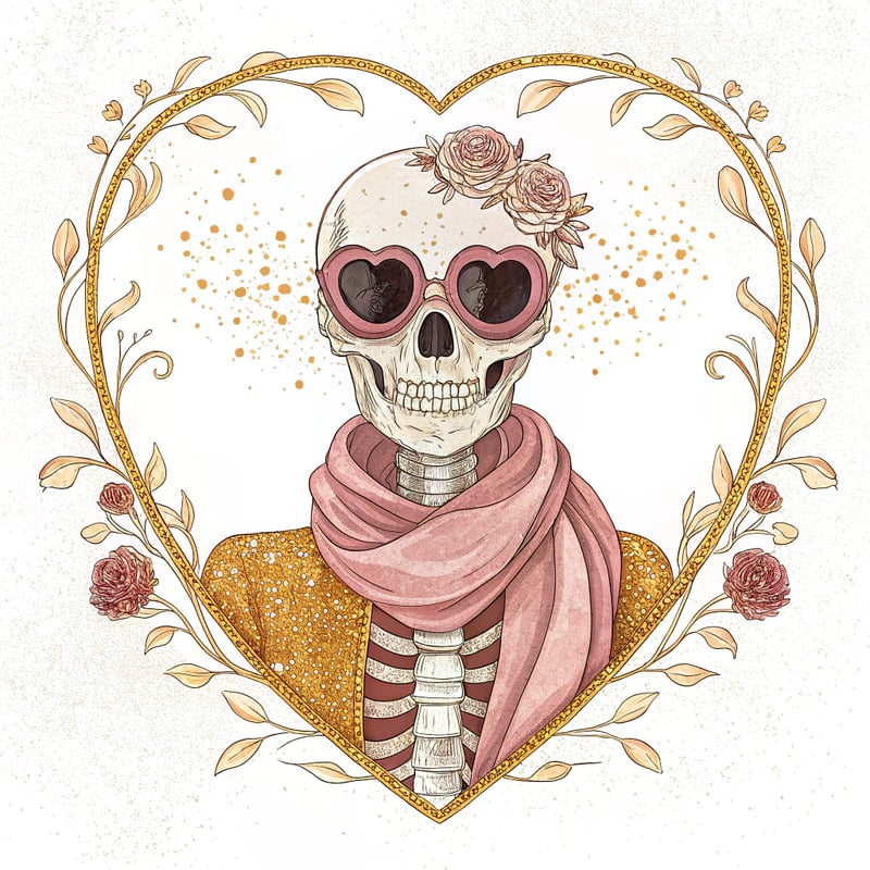 Skeleton with Heart-Shaped Floral Wreath