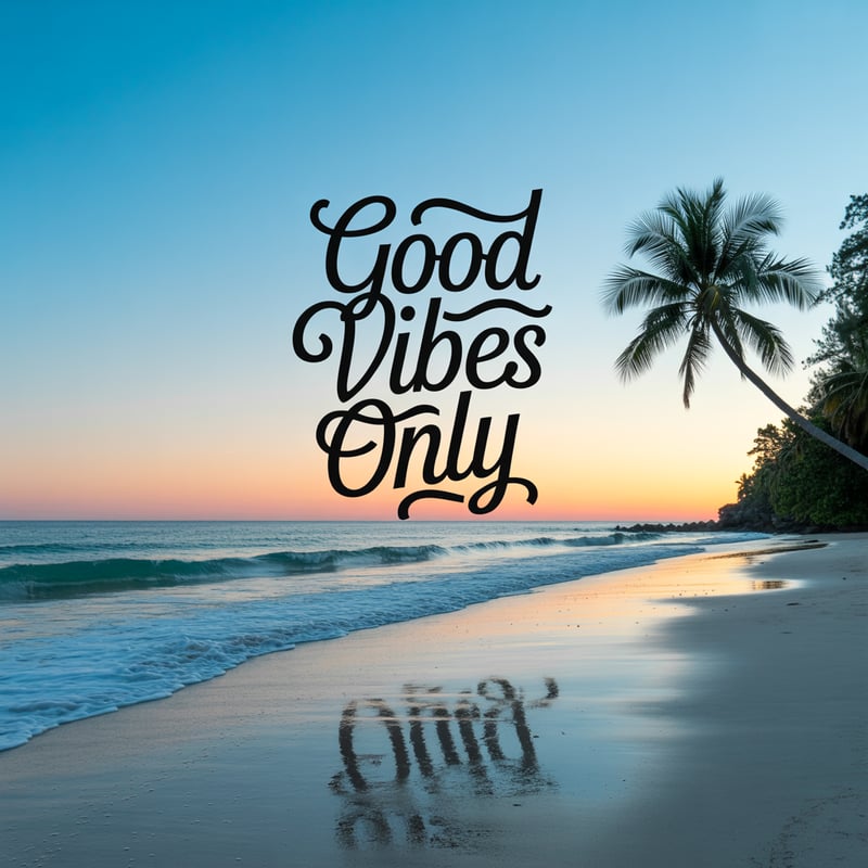 Serene Beach with Good Vibes Text