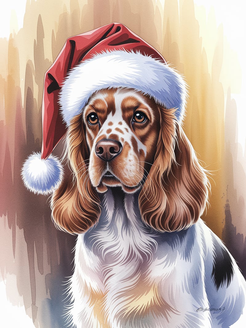 Watercolor Cocker Spaniel with Santa Hat