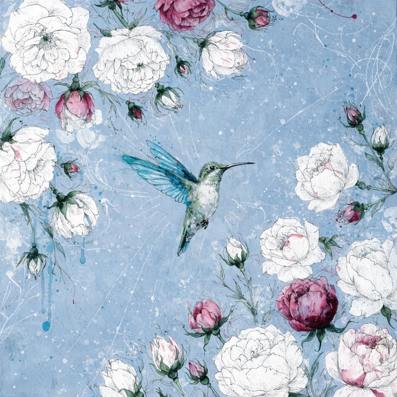 Watercolor Hummingbird with Roses