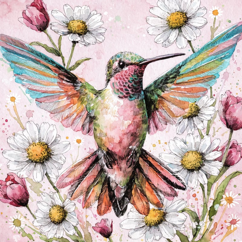 Watercolor Hummingbird and Flowers