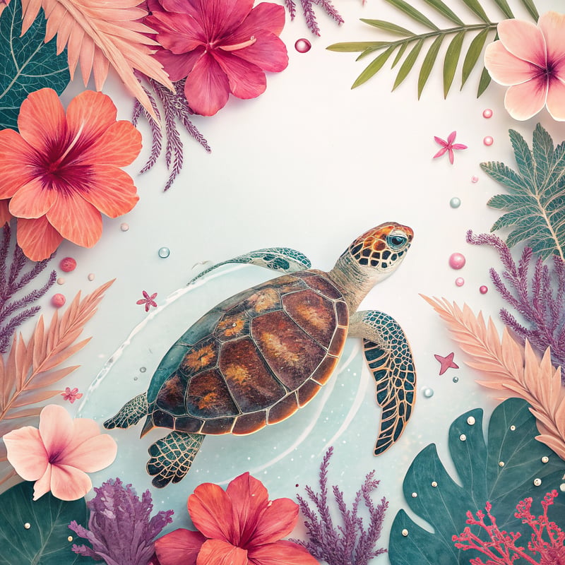 Tropical Turtle with Vibrant Botanicals