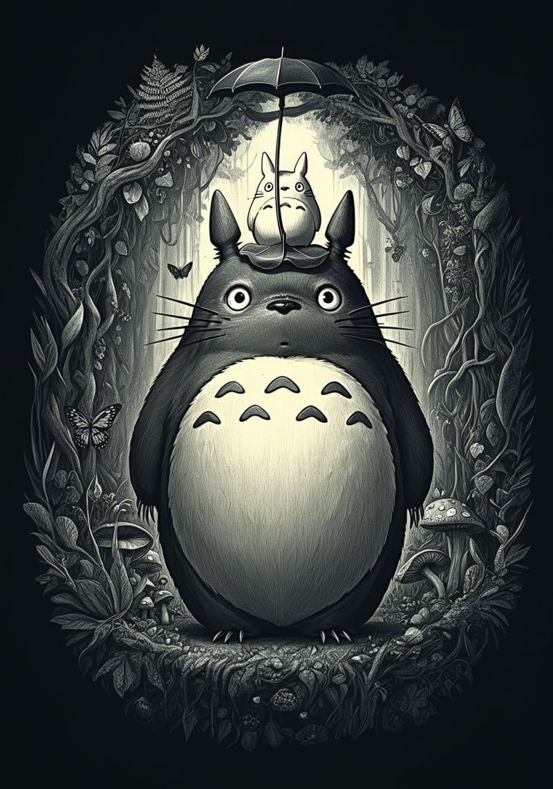 Detailed Totoro Linocut Illustration
