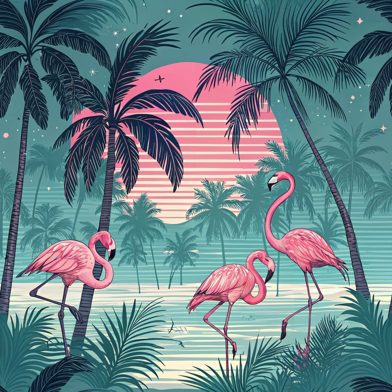 Neon Pink Flamingos Vaporwave Pattern