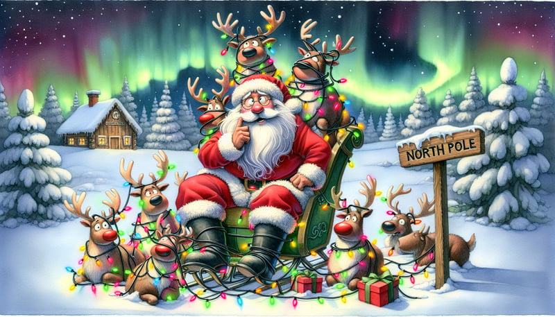 Santa's Reindeer Tangled in Christmas Lights