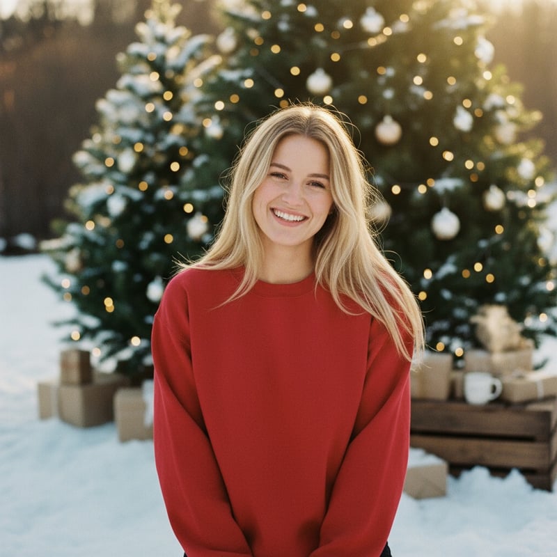 Smiling Woman in Red Sweatshirt Outdoors