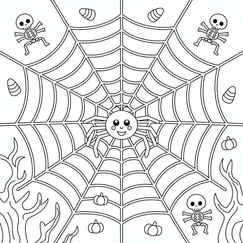Kawaii Spider Web Coloring Page