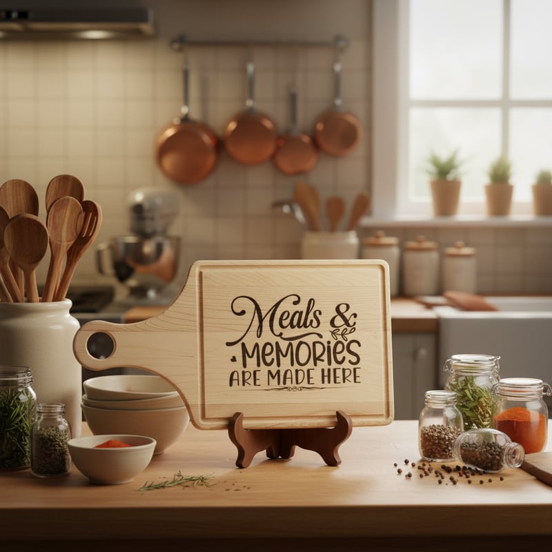 Engraved Wooden Board in Cozy Kitchen