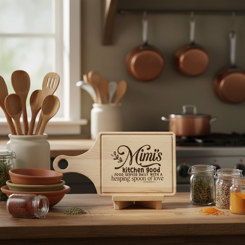 Engraved Wooden Board in Cozy Kitchen