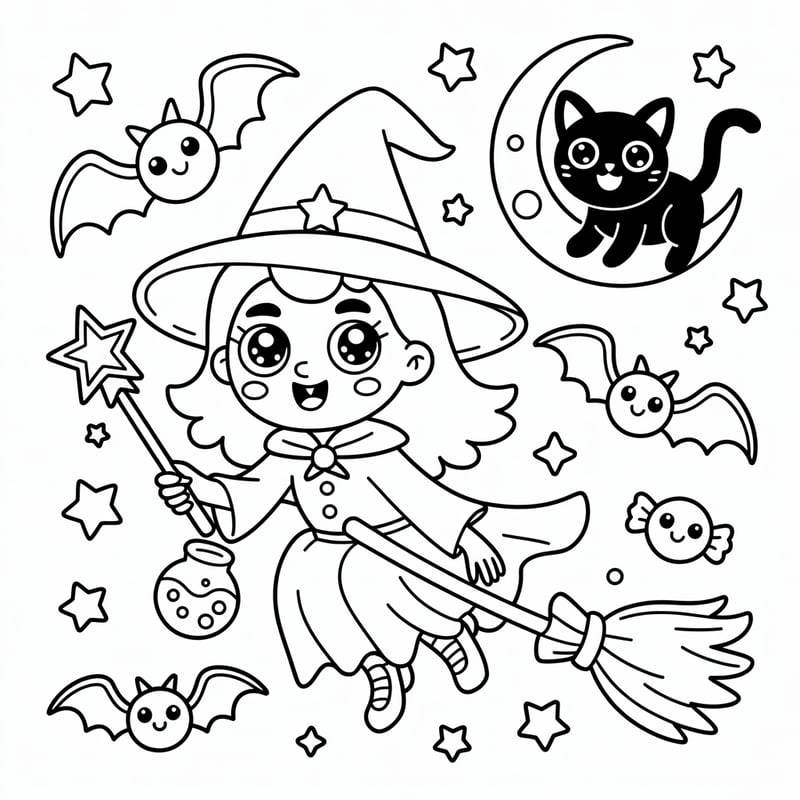 Kawaii Black and White Witch Illustration