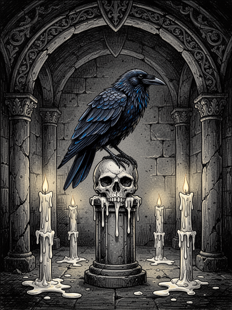 Gothic Raven Illustration in Crypt