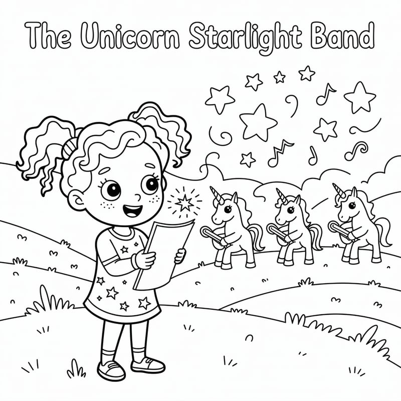 Magical Coloring Page of Nora and Unicorns