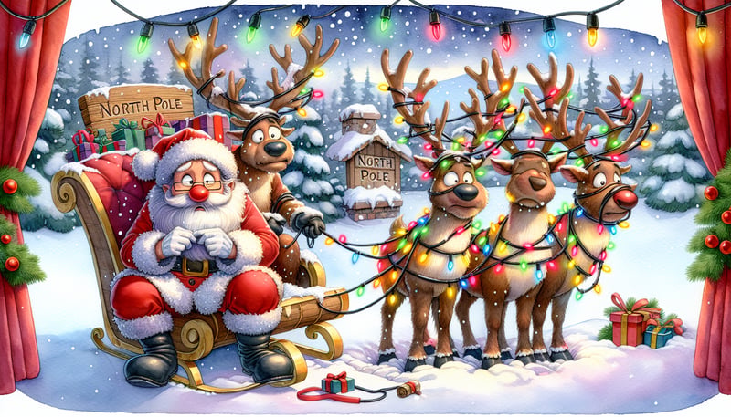 Whimsical Santa with Tangled Reindeer