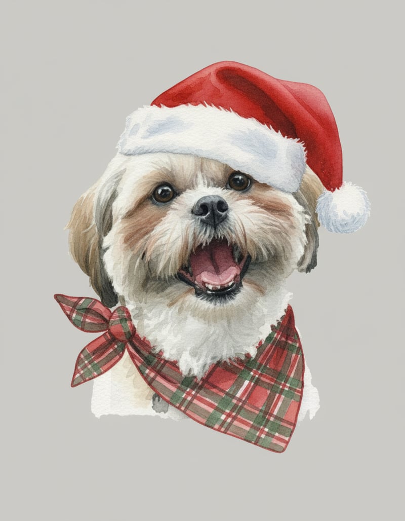 Dog in Santa Hat and Tartan Bandana