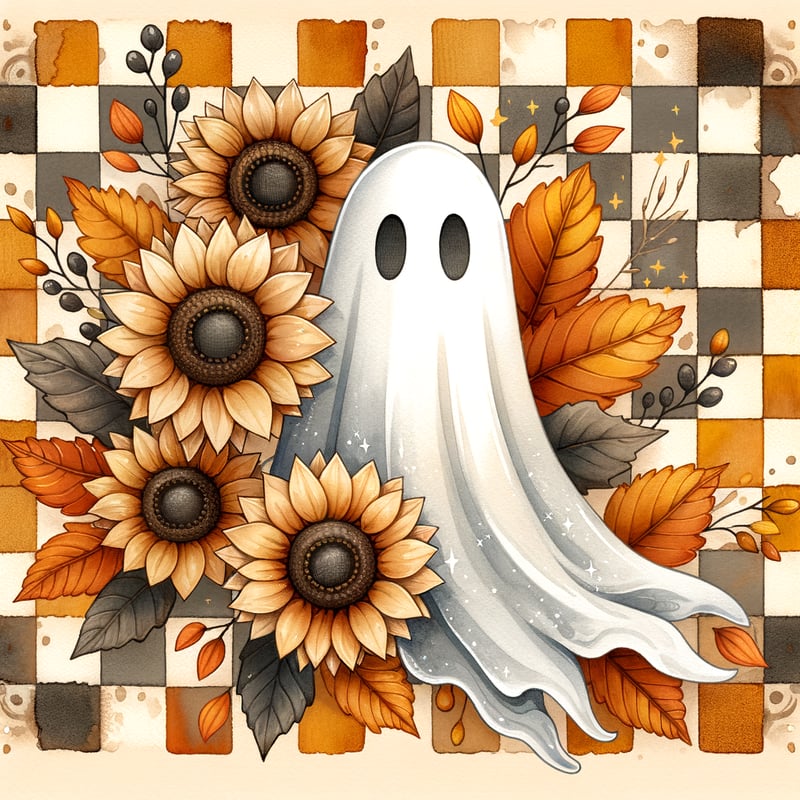 Watercolor Halloween Ghost with Sunflowers