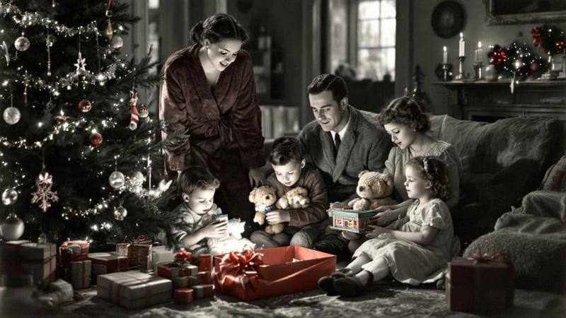 1938 Christmas Morning Family Scene