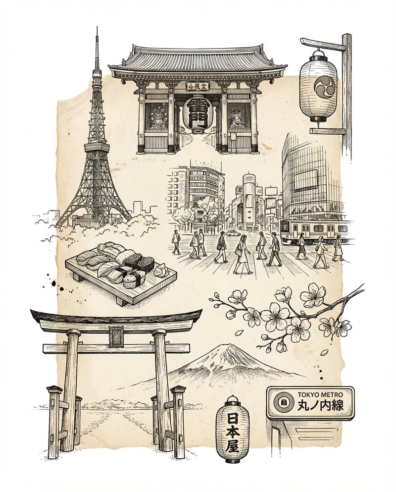 Vintage Ink Sketch of Tokyo Landmarks