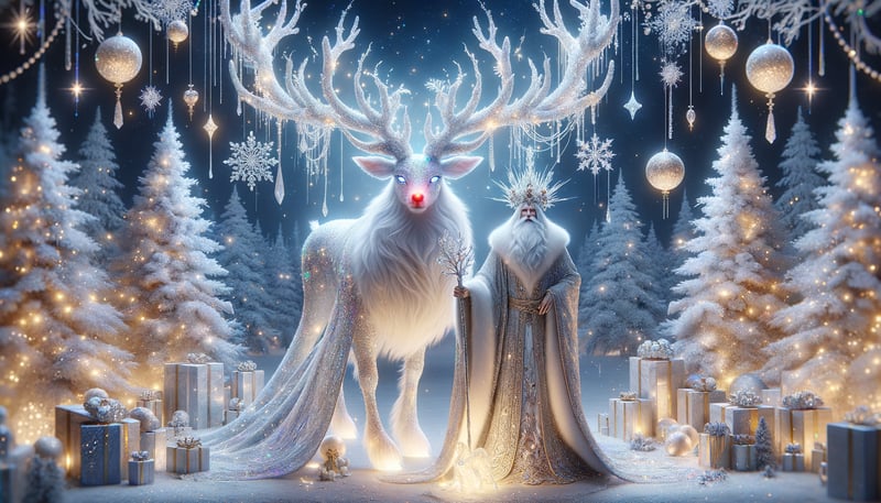 Ethereal White Reindeer with Celestial Santa