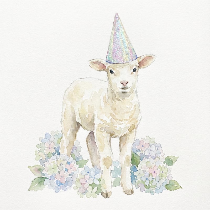 Watercolor Lamb with Party Hat